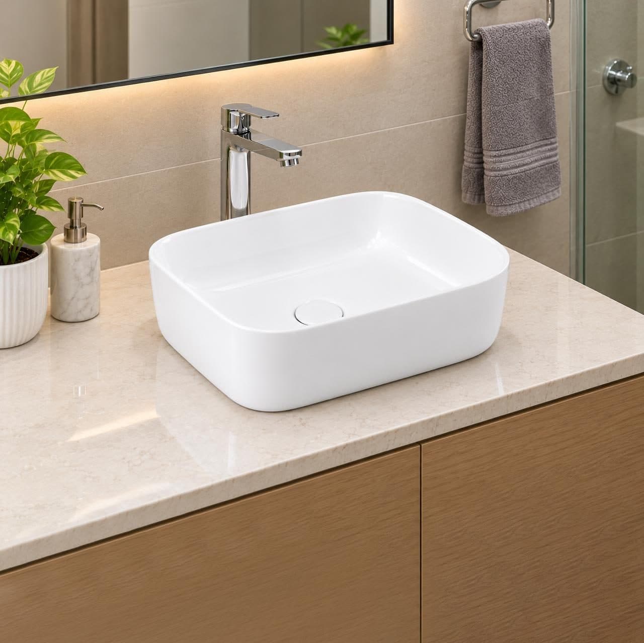 Bell rectangular countertop basin with chrome mixer on a stone vanity