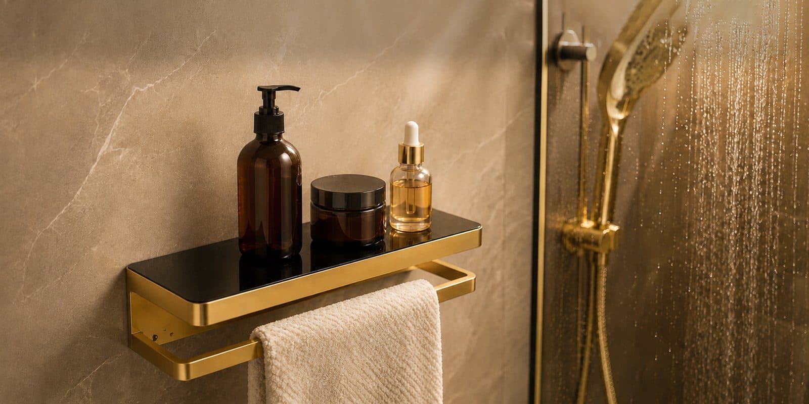 Perk gold glass shelf with towel rail beside a gold shower