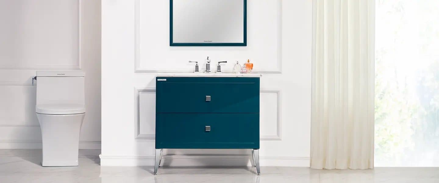 American Standard Kastello vanity with wall-hung toilet in a bright bathroom