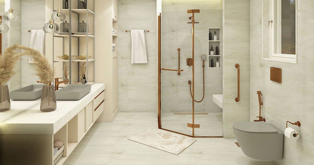 Bathsense bathroom with warm wood vanity, glass shower and gold fittings