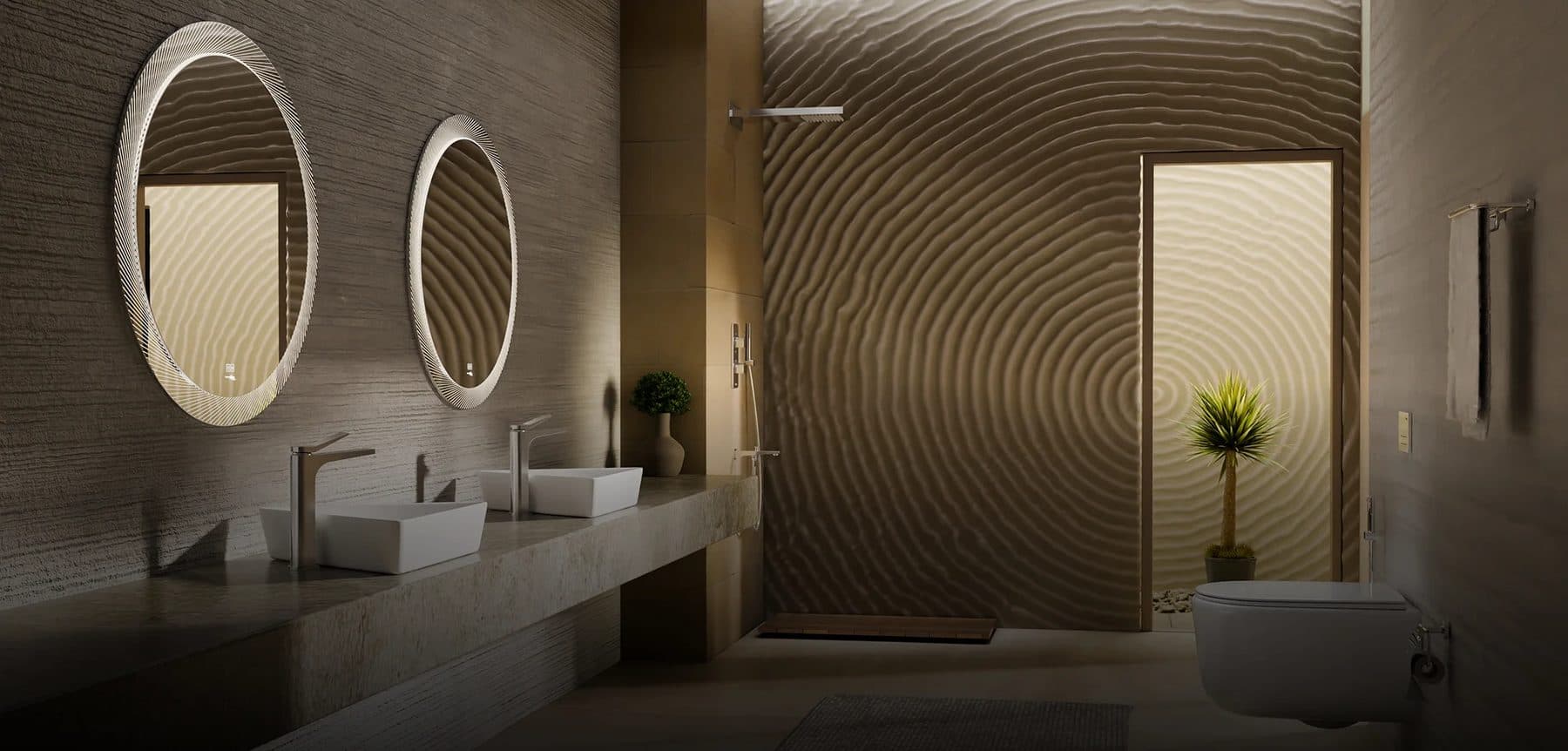 Hindware luxury bathroom with round mirrors and textured wall