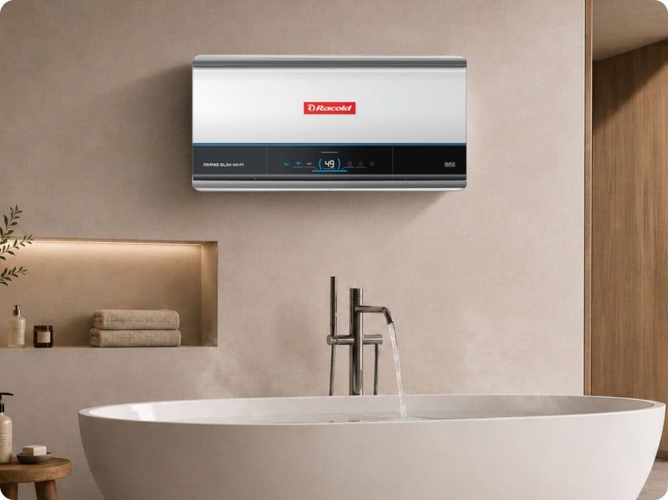 Racold storage water heater mounted above a freestanding bathtub