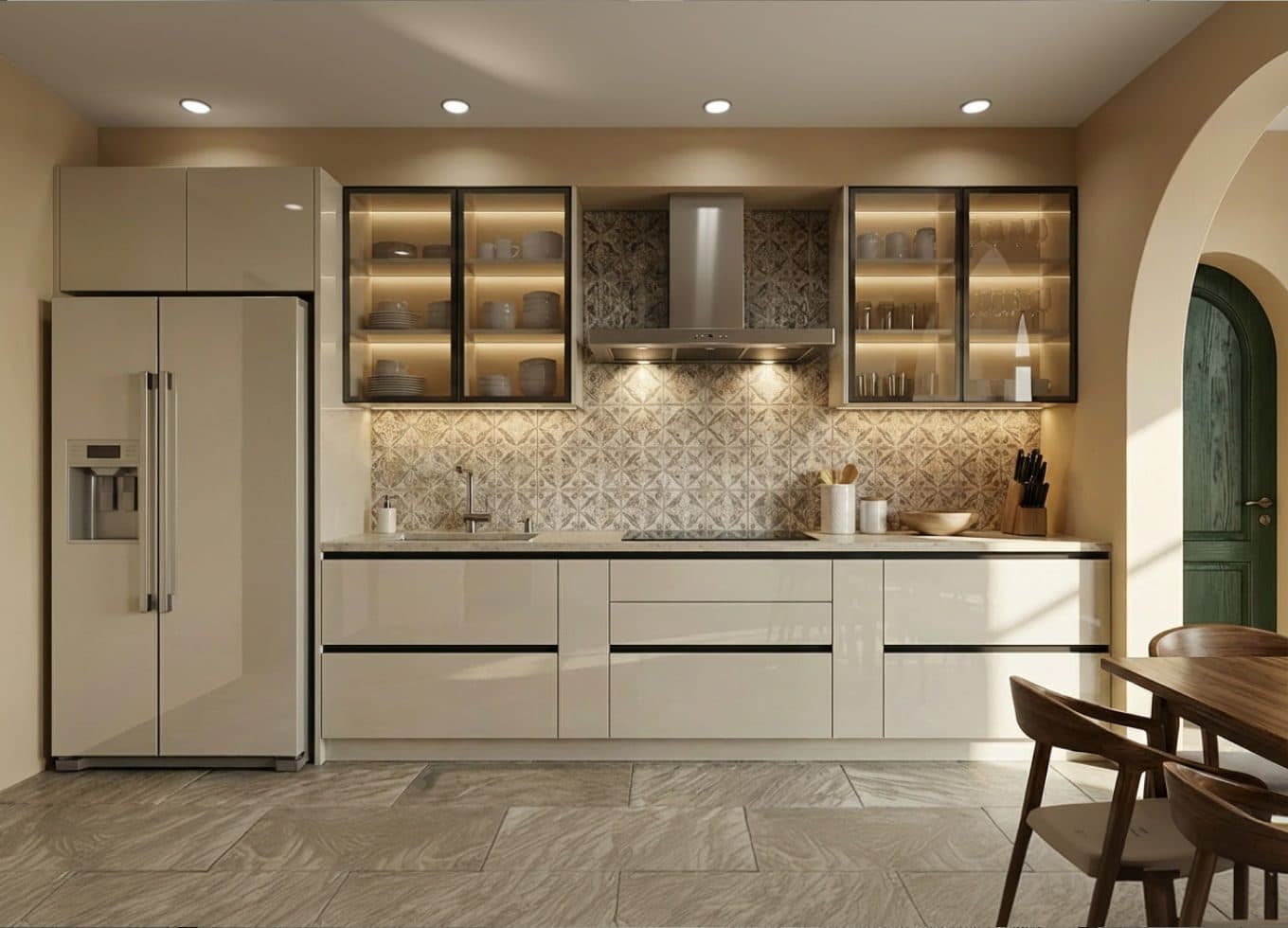 Sleek modular kitchen with glass-front cabinets and built-in appliances