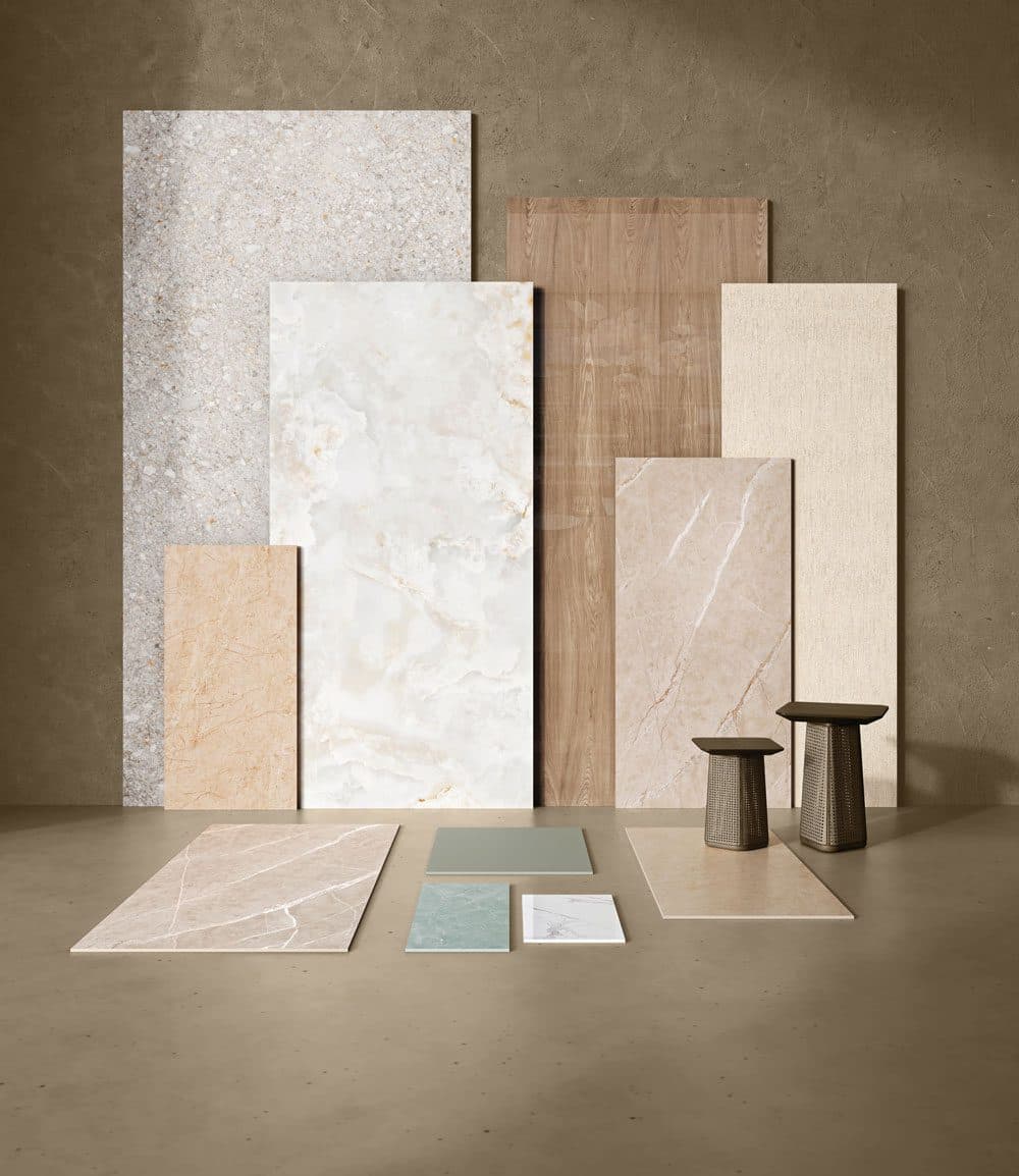 Sunhearrt marble and stone finish tiles displayed in a styled interior